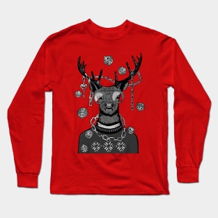 Reindeer Christmas Black And White Long Sleeve T-Shirt